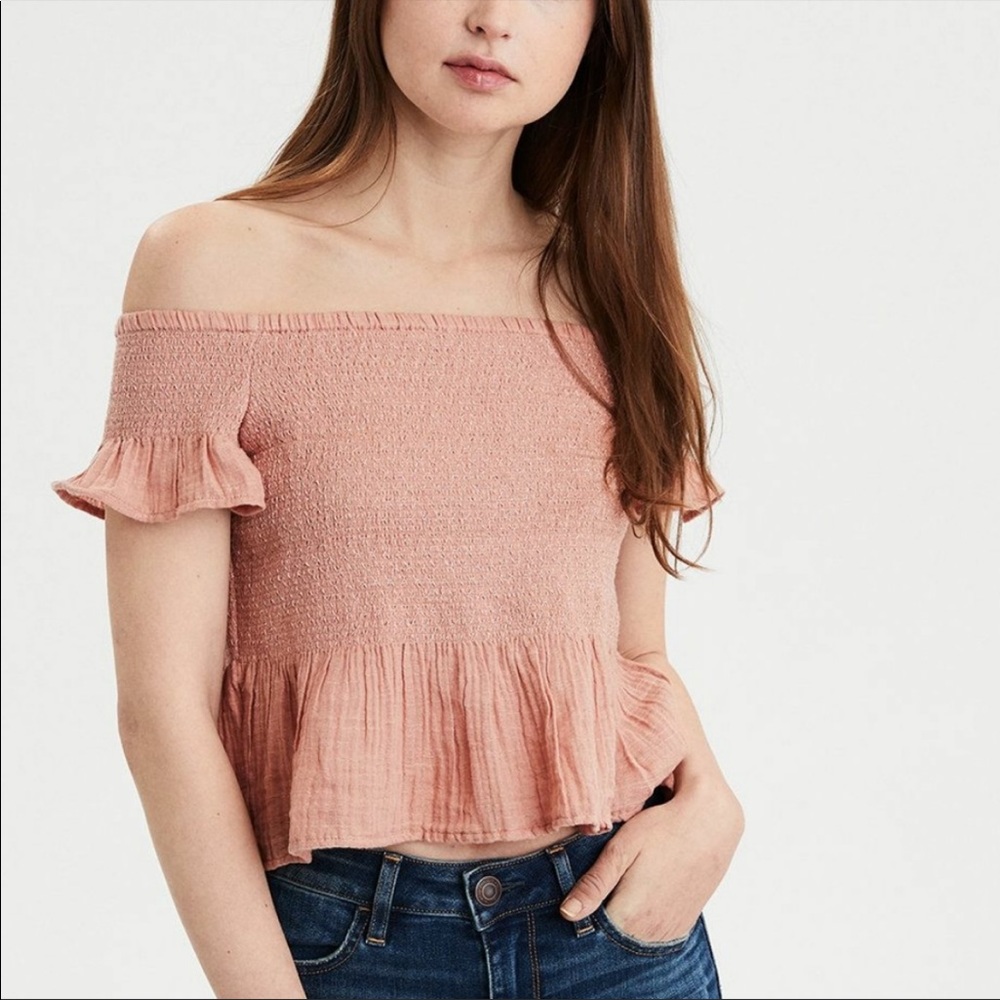 AE Smocked Off the Shoulder Peach Short Sleeve Ruffle Crop Top, S